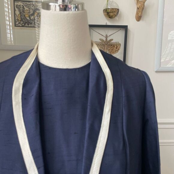 Vintage Mix & Match Dark Blue Sheath Dress Long Blazer Ivory Trim XS - Picture 3 of 13